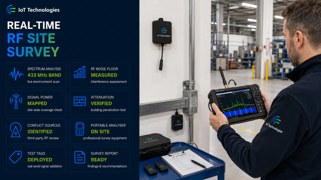 IoT Technologies RF site survey — engineer using a portable spectrum analyser on site with test tags deployed