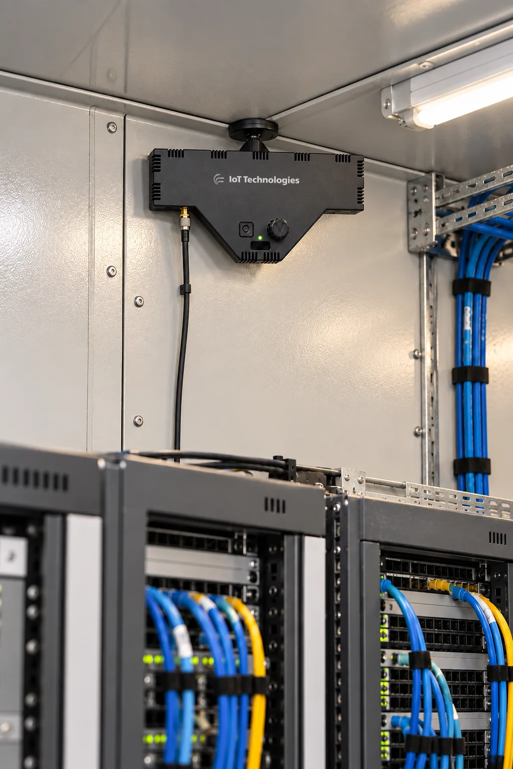 An IoT Technologies ZARC Node mounted high on the wall of a telecoms equipment cabin, above the network racks