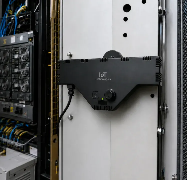 An IoT Technologies monitoring unit installed inside a telecoms cabinet, alongside network switching equipment and cabling