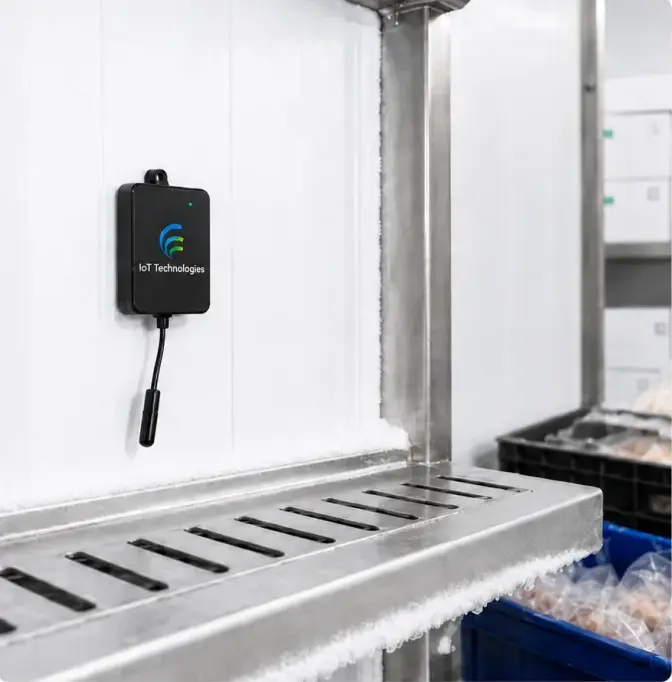 An IoT Technologies monitoring unit and temperature probe fitted to the wall of a commercial coldroom, above a stainless steel shelf