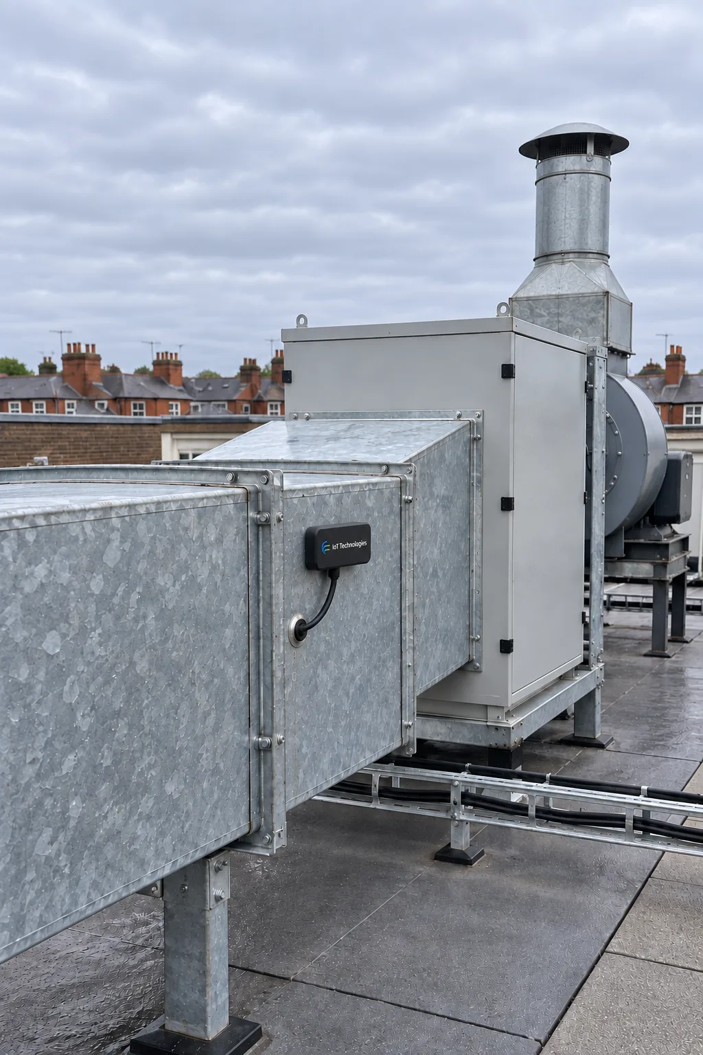 An IoT Technologies monitoring tag on the extract ductwork of a commercial kitchen, beside the filter housing, with its sampling probe entering the duct