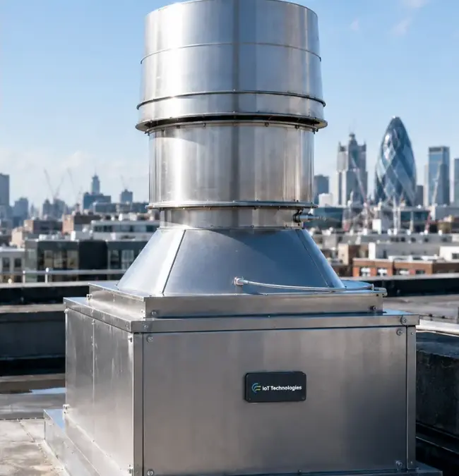 An IoT Technologies monitoring unit fitted to a rooftop kitchen extract plant housing, with the London skyline behind