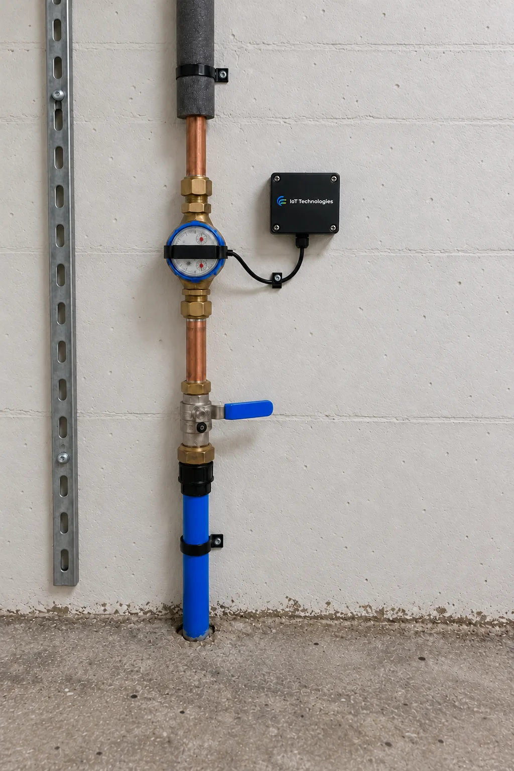 A cold water meter with a clip-on reader across its dial, cabled to an IoT Technologies monitoring tag on the plant room wall