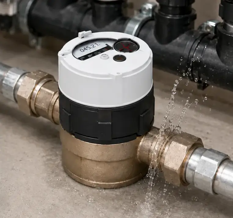 A water meter on a brass pipe connection, with water escaping from the joint alongside it