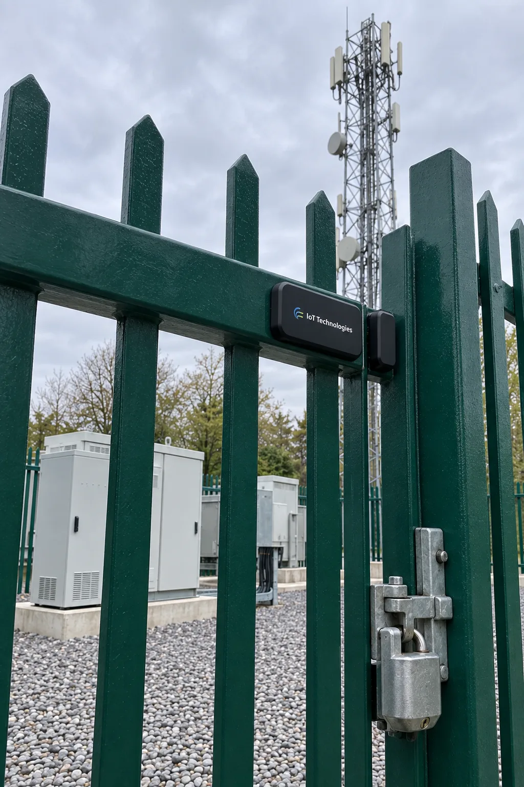 An IoT Technologies gate contact tag fitted high on the gate of a secure telecoms compound, with the lattice mast rising behind