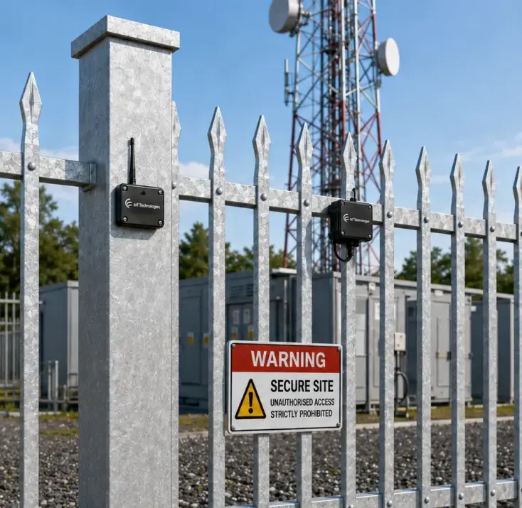 Two IoT Technologies monitoring units fitted to the palisade fence of a secure telecoms compound, with a warning sign and mast behind
