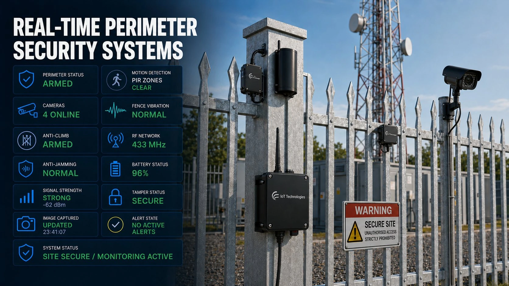 Illustrative IoT dashboard for perimeter and intrusion security, showing movement, intrusion and tamper alerts across a site compound boundary