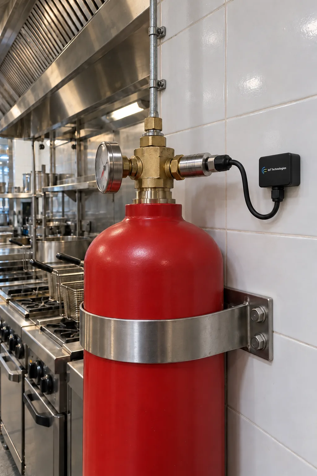 An IoT Technologies monitoring tag wired to a pressure transducer on the valve of a kitchen fire suppression cylinder, beside the cooking line