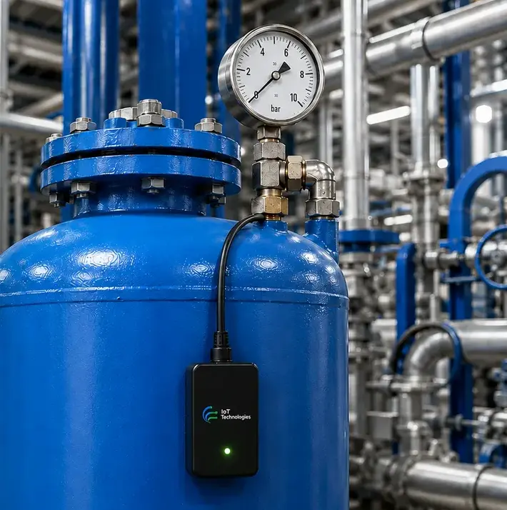 An IoT Technologies monitoring unit fitted to a blue industrial pressure vessel, connected to the pipework above it