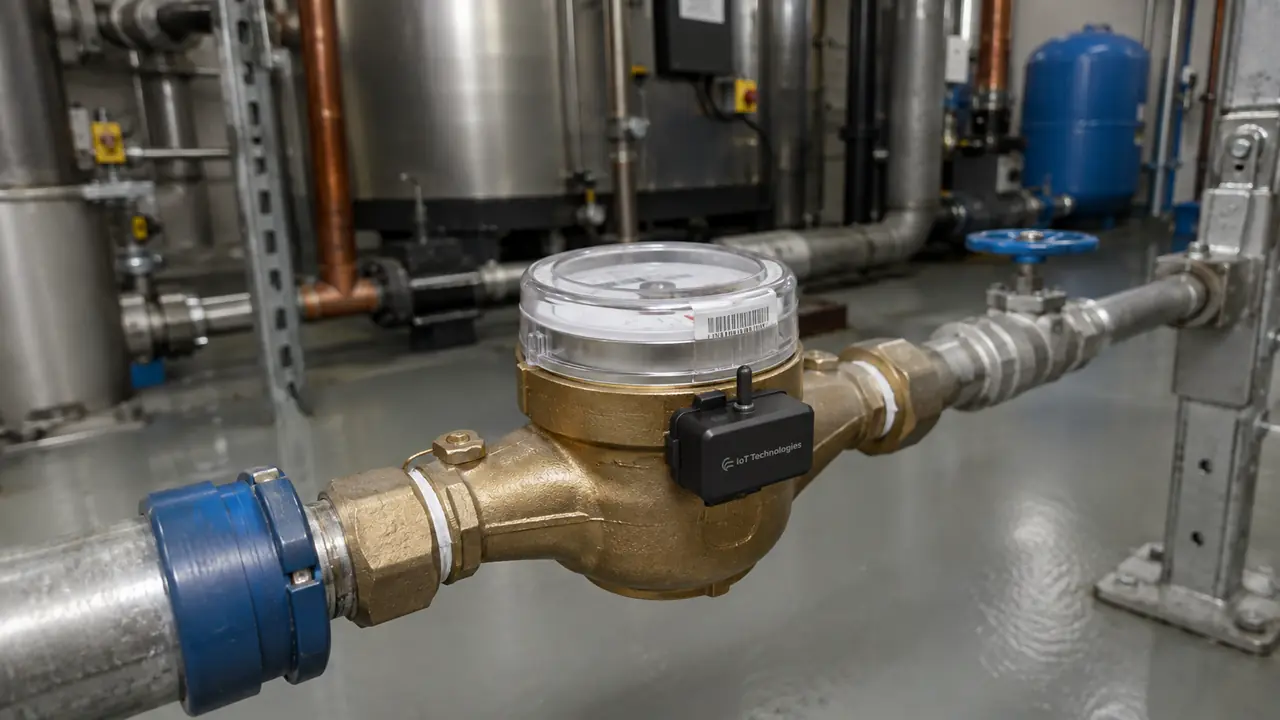 Illustrative: incoming mains water supply and meter in a commercial plant room, the point BREEAM Wat 03 leak detection covers.