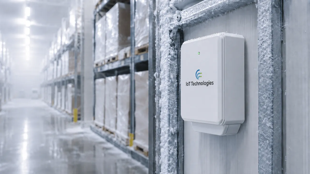 Illustrative IoT Technologies monitoring tag fitted inside a commercial cold store, showing frost on the enclosure and racked pallets beyond.
