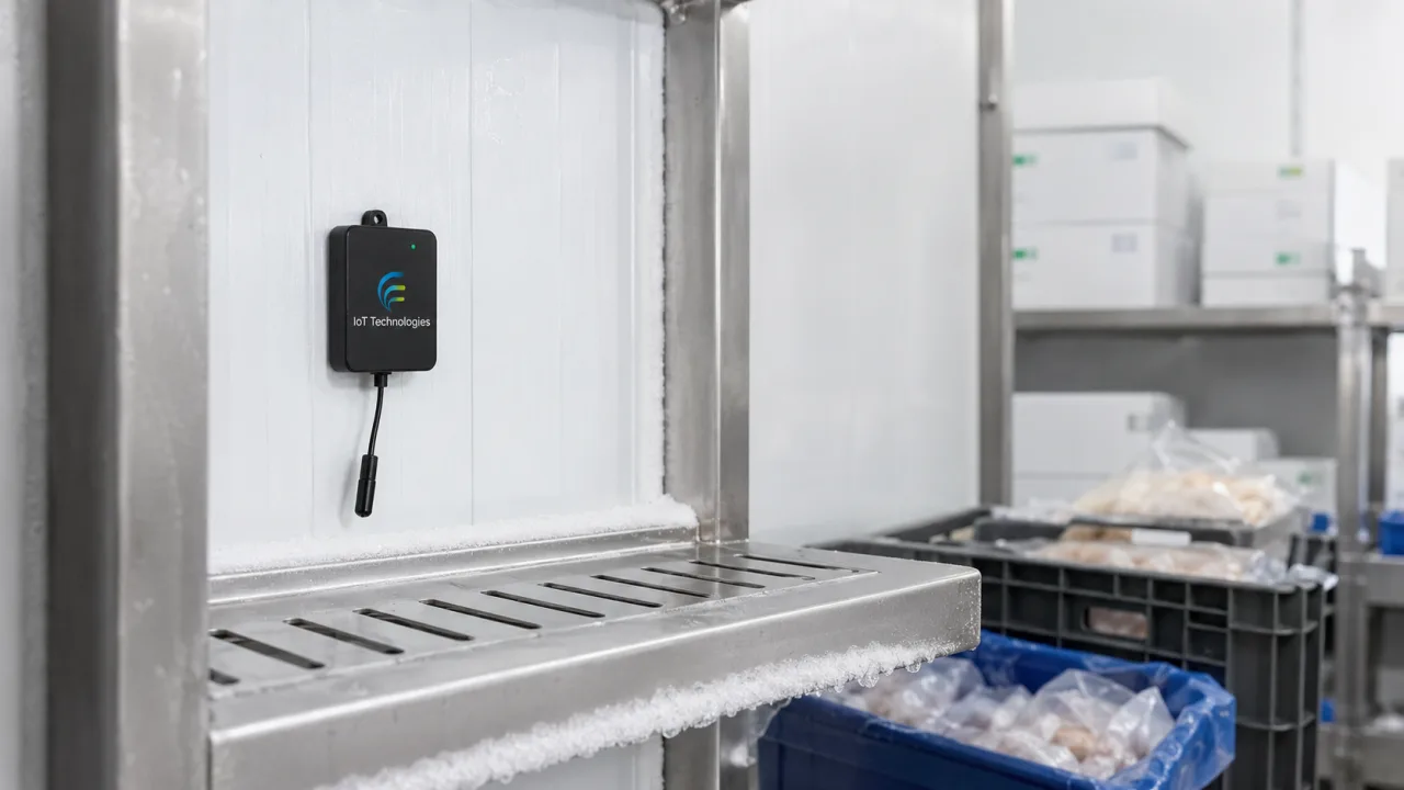 Cold storage temperature monitoring — a wireless sensor in a walk-in freezer with a real-time high-temperature alert on a phone
