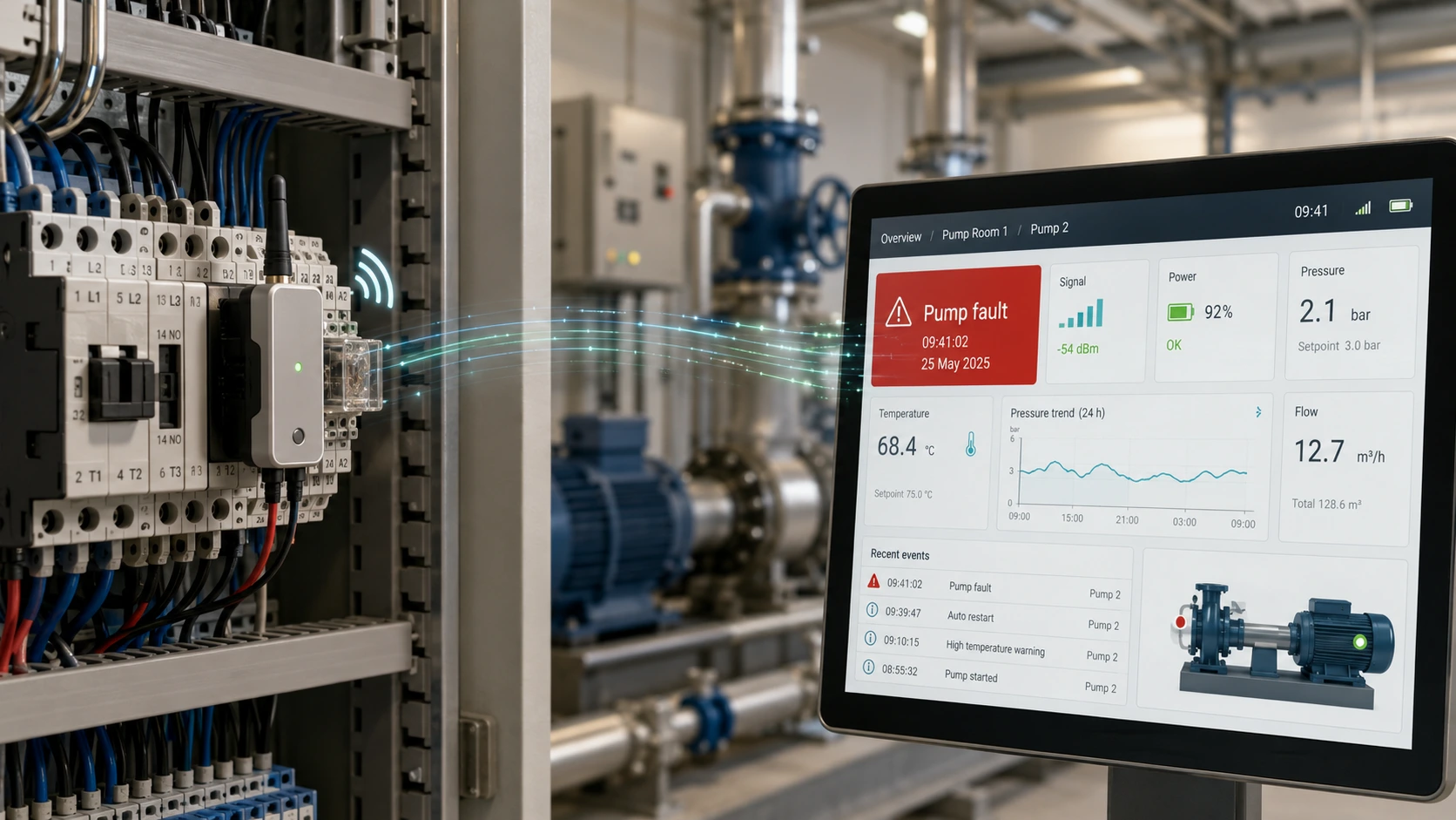 Dry contact alert monitoring — wireless transmitter on a volt-free contact pair sending a real-time fault alert