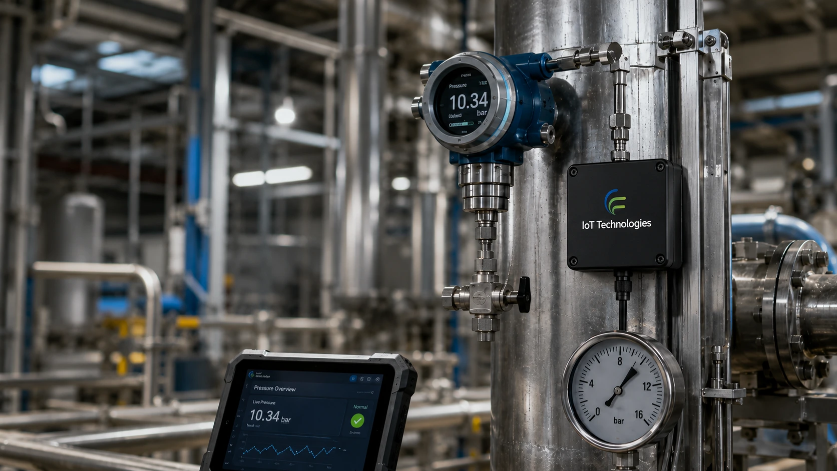 Industrial pressure monitoring — wireless pressure sensor on a pipe with a real-time low-pressure alert on a phone