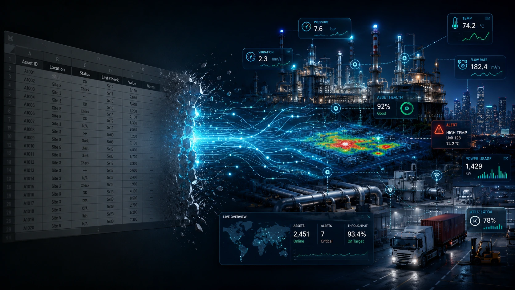 Industrial remote monitoring — live dashboard showing real-time equipment status data