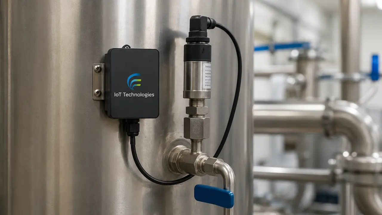 Pressure switch monitoring — a wireless sensor on a pump's pressure switch sending a real-time trip alert to a phone