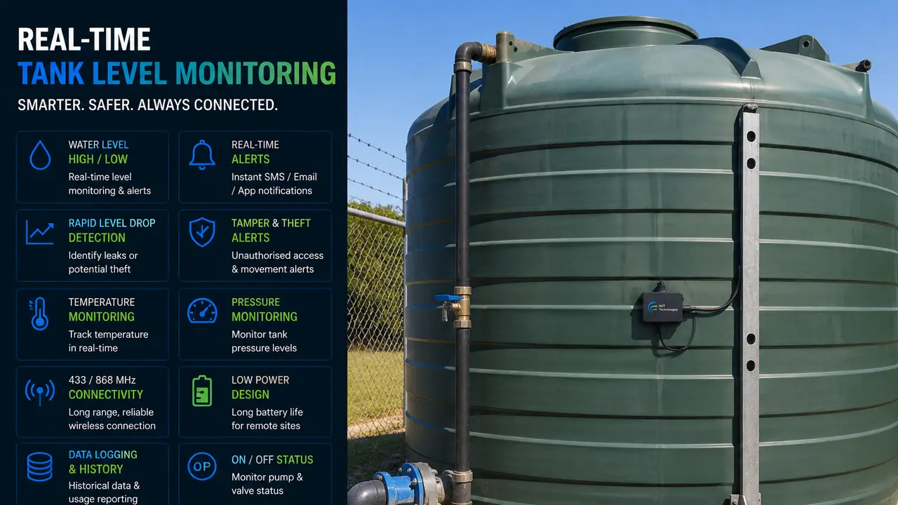 Tank level monitoring — a wireless level sensor on a water and oil storage tank with a real-time low-level alert on a phone
