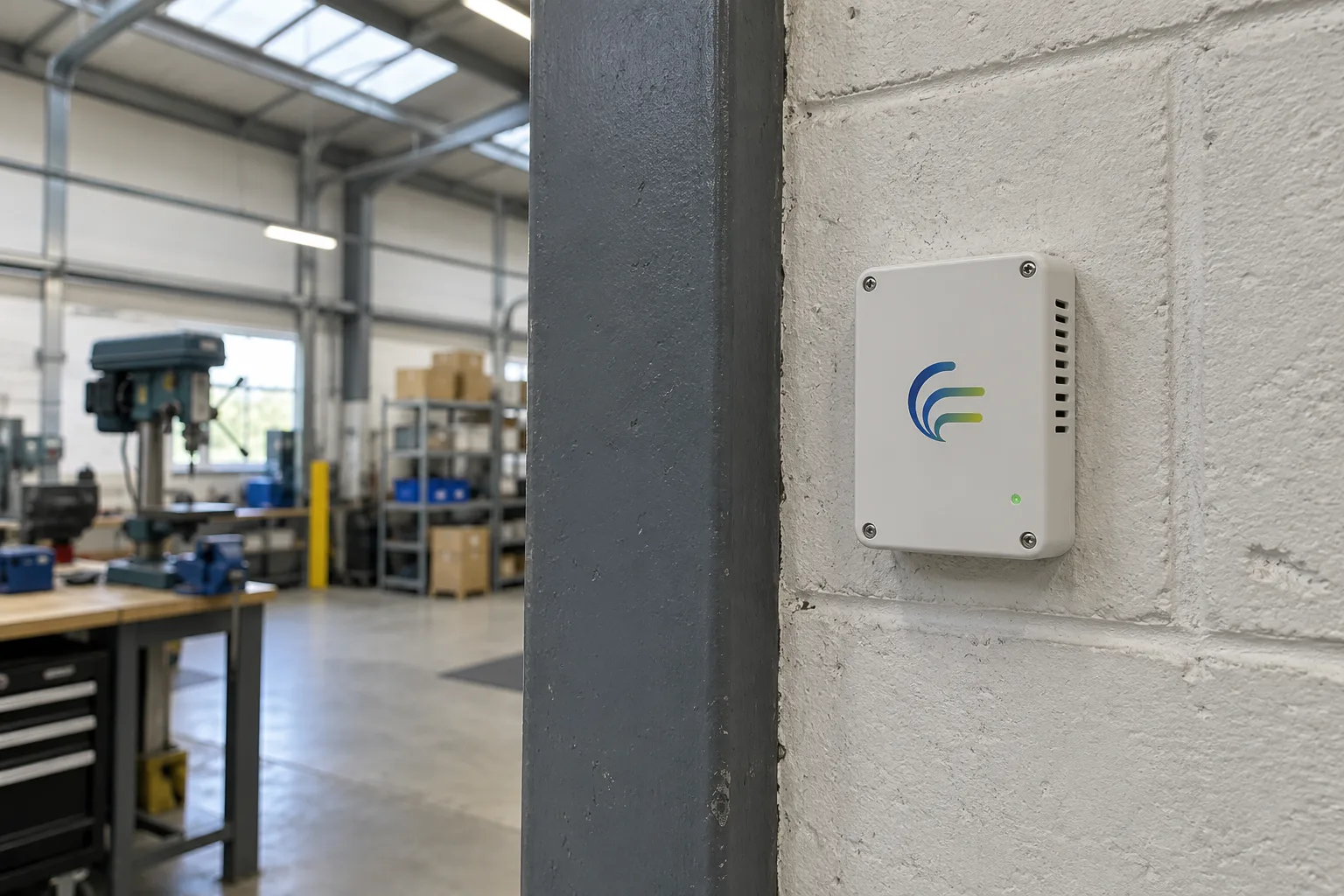 ZARC air quality monitoring tag screwed to a painted blockwork wall beside a column in a light-industrial workshop