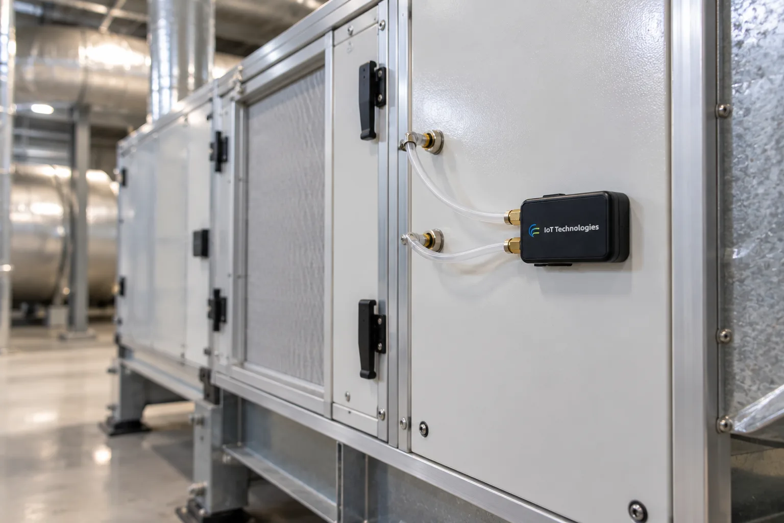 ZARC differential air pressure monitoring tag on an air handling unit, connected by two tubes to its pressure ports