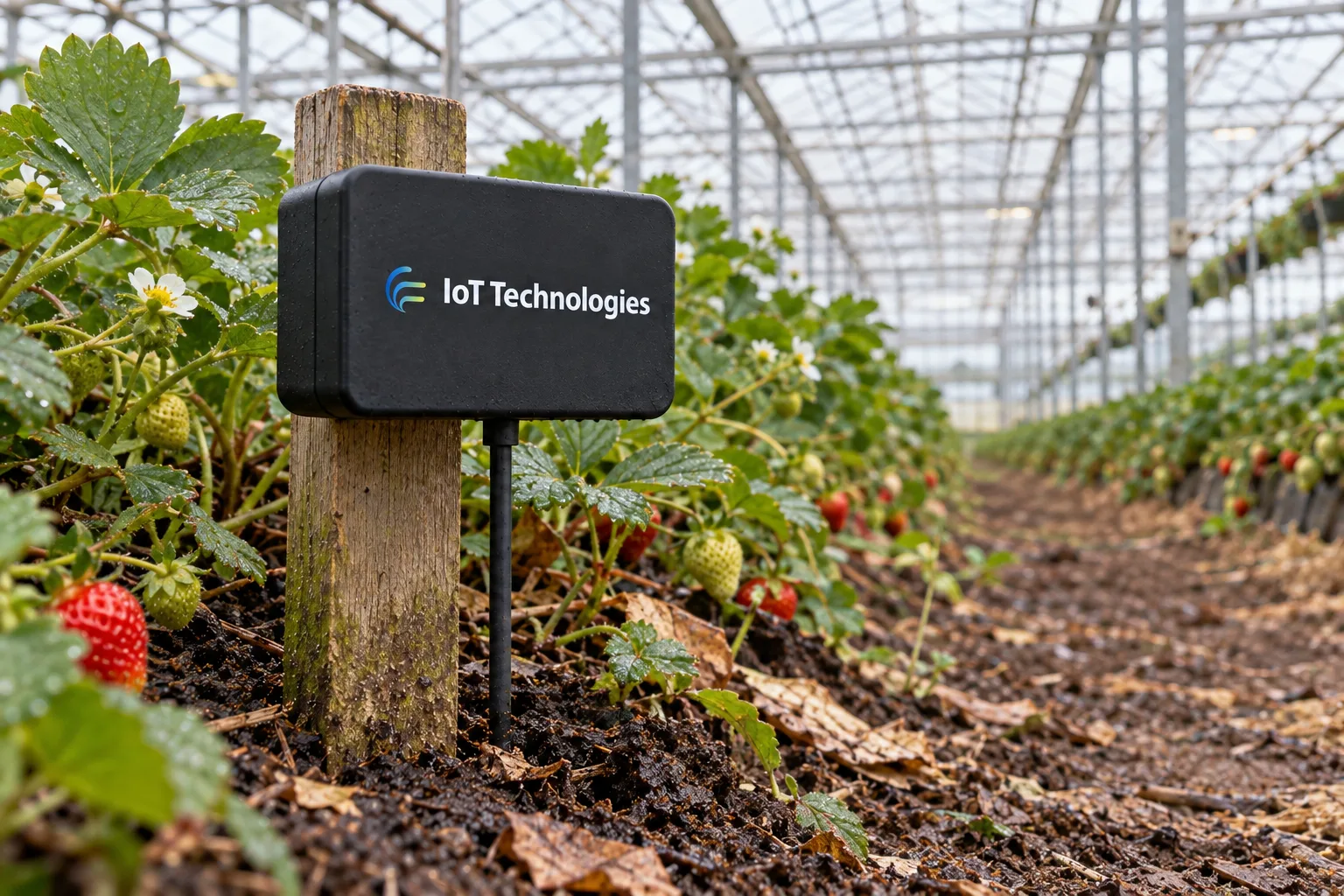 ZARC ground moisture monitoring tag on a stake beside crops in a growing tunnel