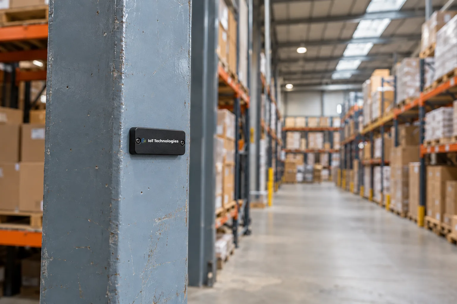 ZARC light level monitoring tag fixed to a steel column in a warehouse aisle