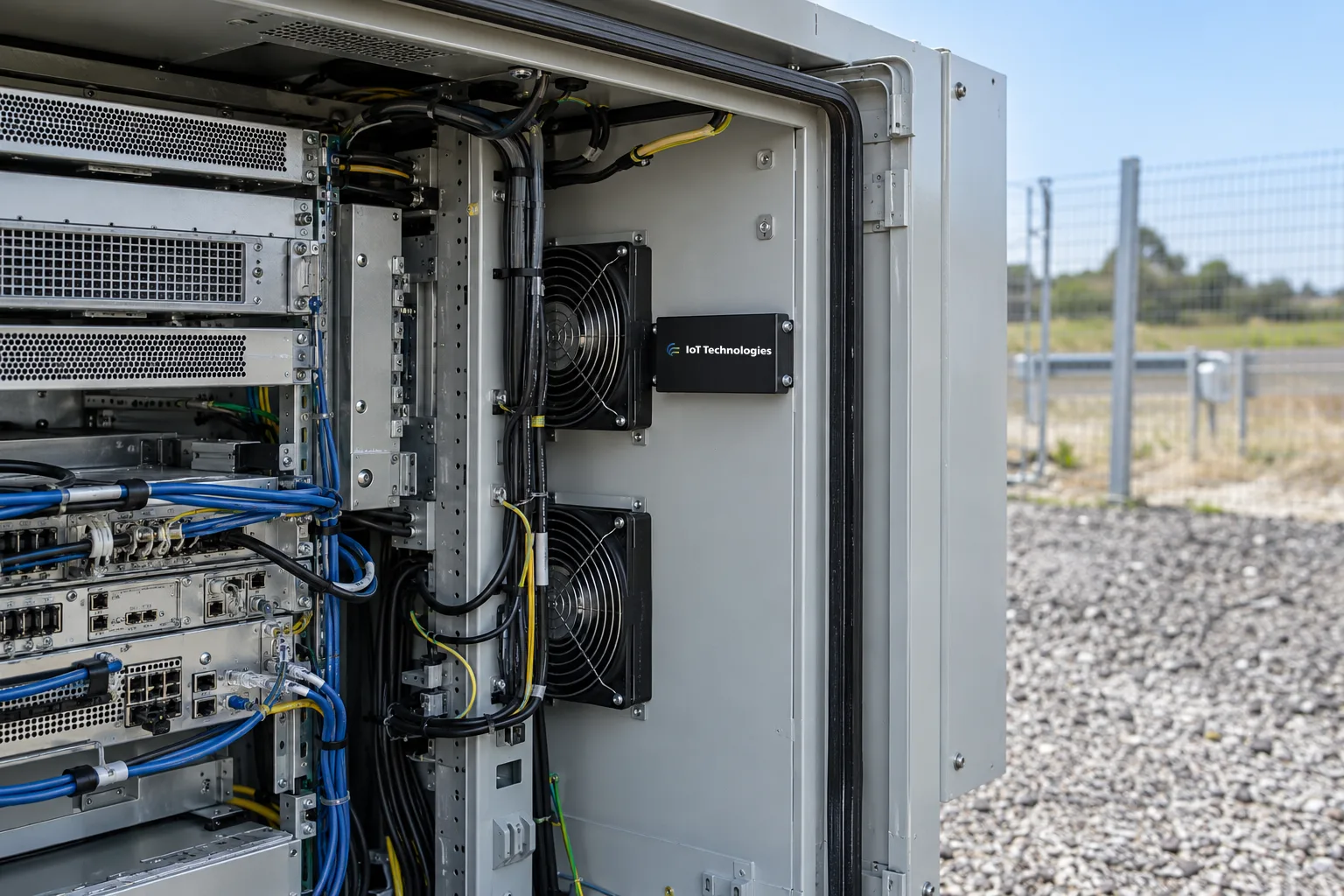 ZARC sound level monitoring tag fitted inside an outdoor equipment cabinet beside its cooling fans