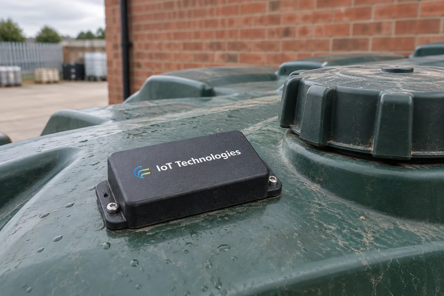 ZARC tank level monitoring tag fitted to the top of a green bunded tank
