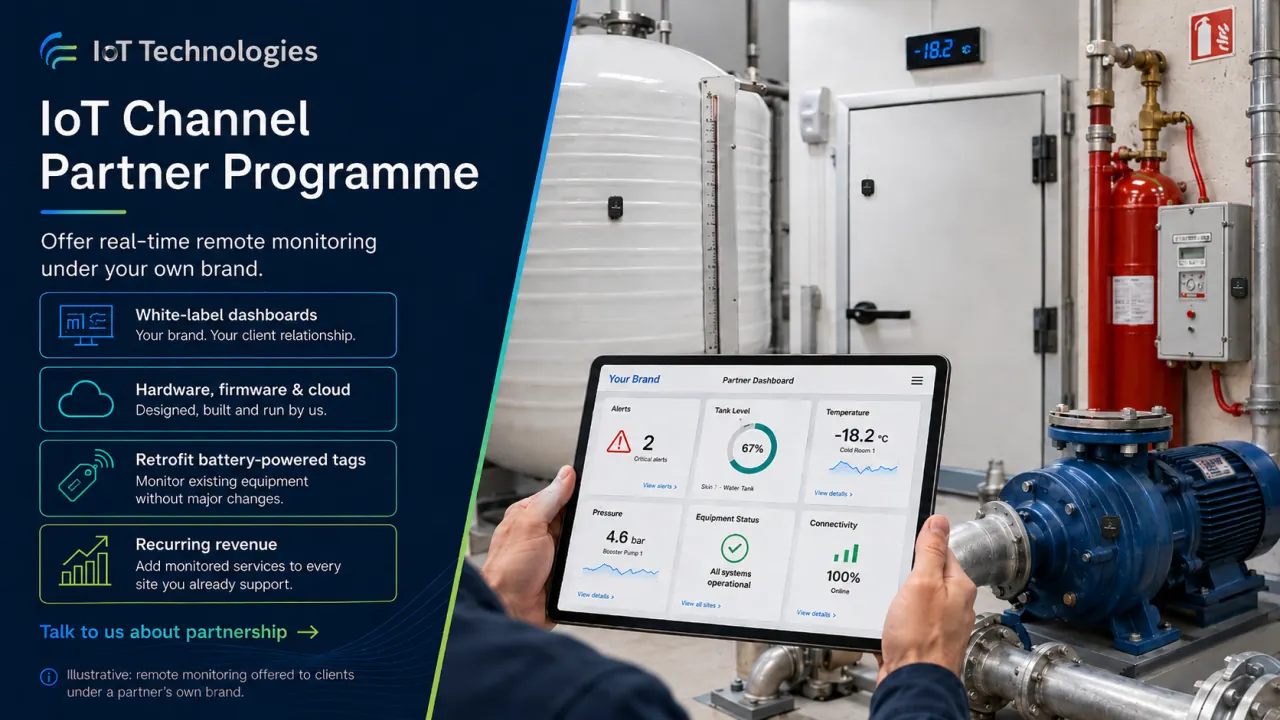 Partner-branded monitoring dashboard on a tablet beside monitored plant equipment