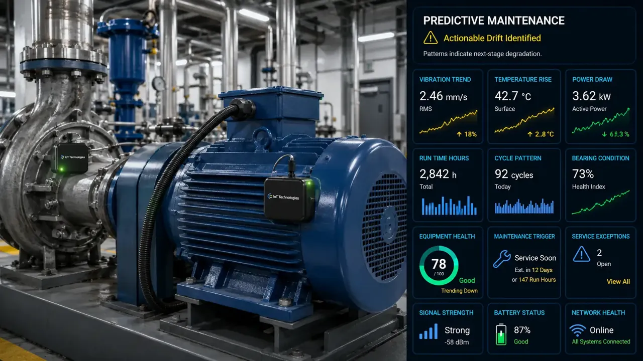 Illustrative predictive maintenance dashboard showing vibration trend, temperature rise, power draw and bearing condition with early-stage degradation flagged on rotating plant.