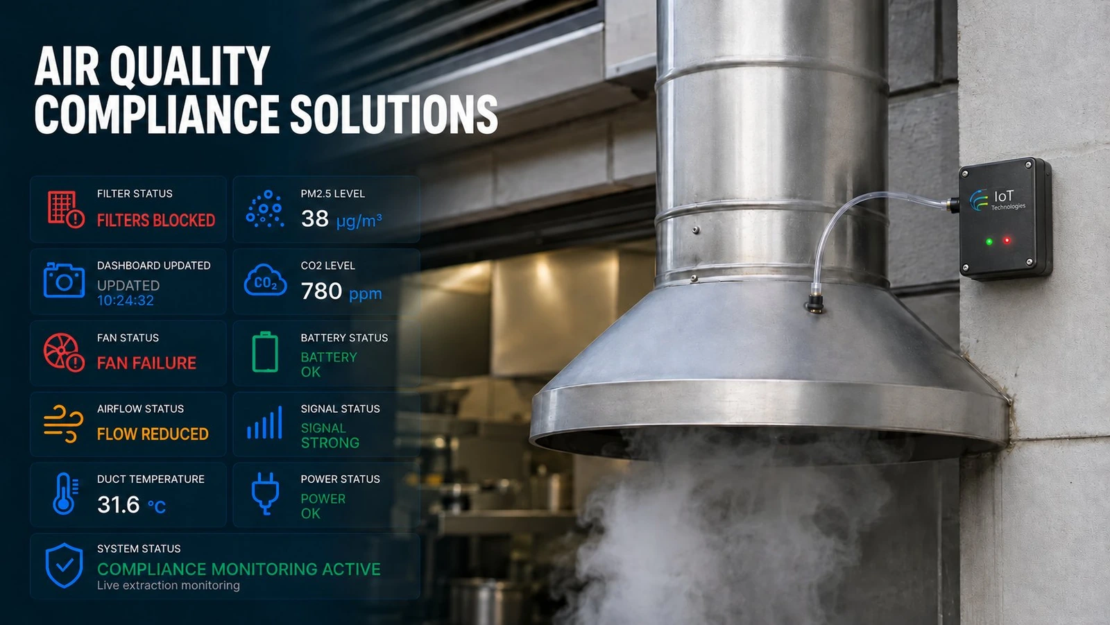 Illustrative IoT dashboard for commercial kitchen extract emissions monitoring, showing grease and particulate trends and filter alerts across kitchen sites