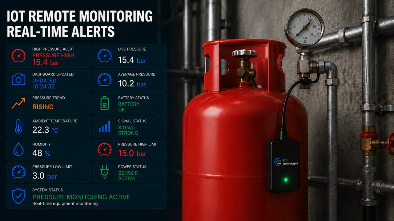Illustrative IoT remote monitoring dashboard showing a real-time alert raised from a tag fitted to analogue plant equipment.