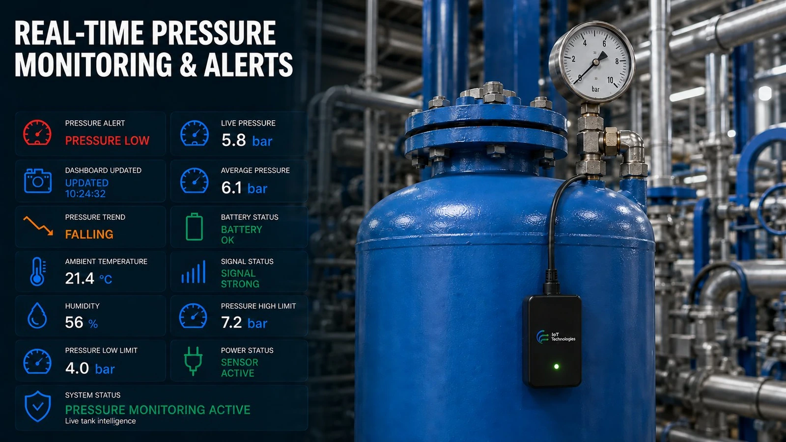 Illustrative IoT dashboard for real-time pressure monitoring, showing live pressure, high and low limits and trend across an industrial estate