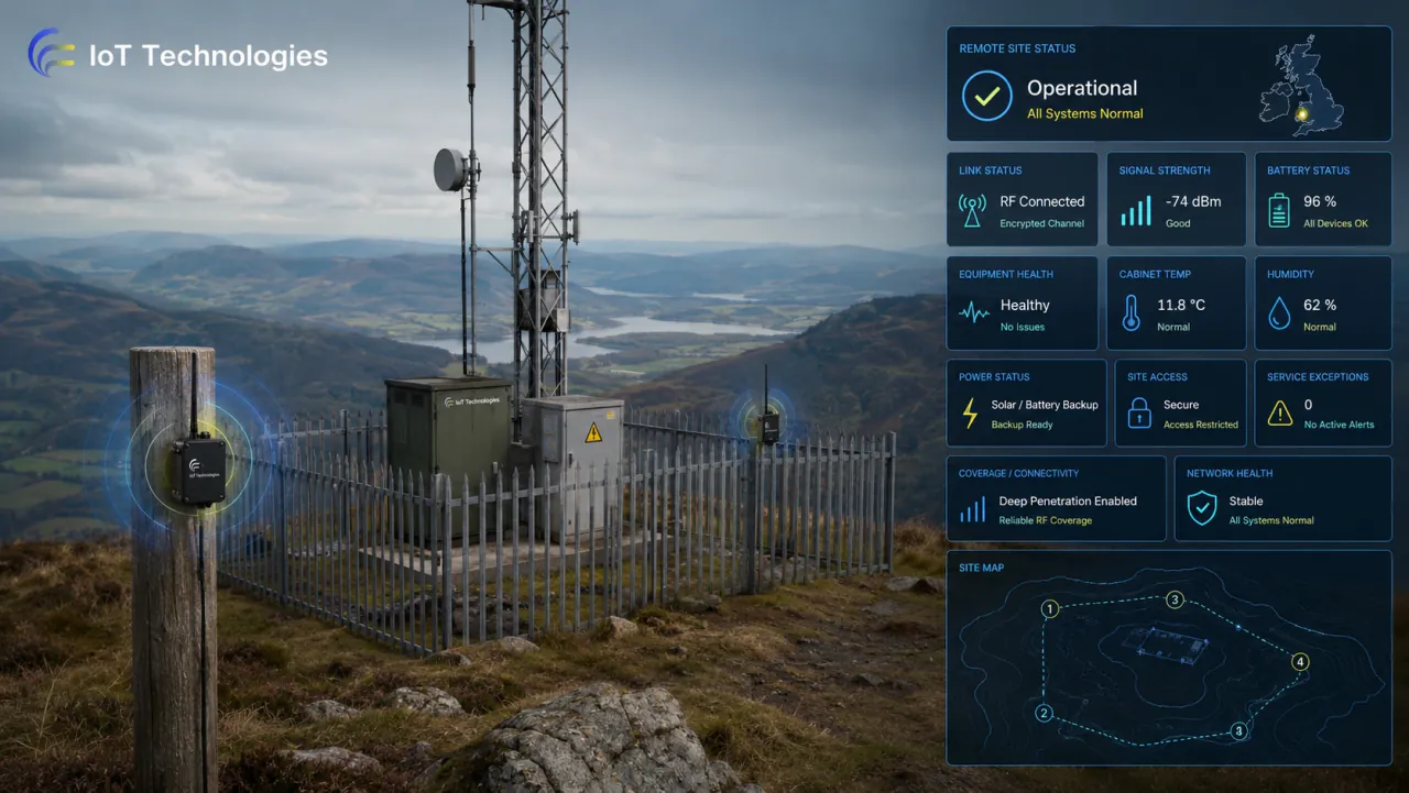 Illustrative remote monitoring dashboard showing remote site status, RF link, signal strength and power state at a hard-to-reach hilltop telemetry site.