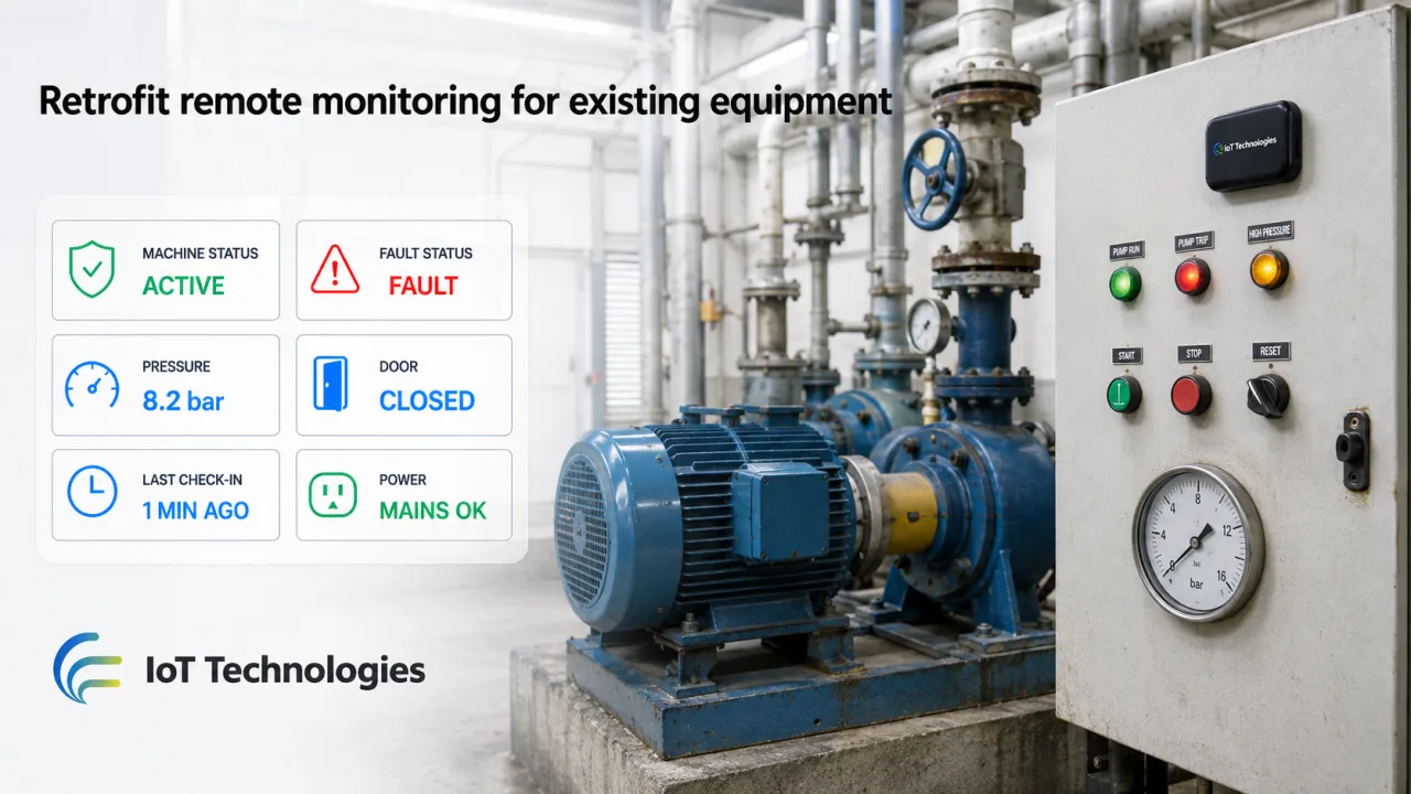 Retrofit remote monitoring — wireless transmitter fitted to existing equipment reporting a state change to a live dashboard