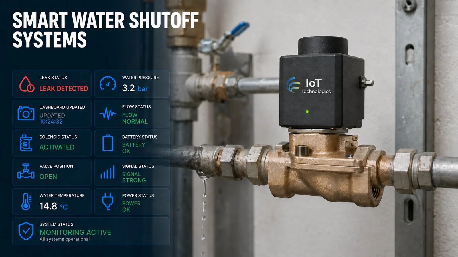 Illustrative IoT dashboard for smart water shut-off valve monitoring, showing valve trip status across an estate on one live view